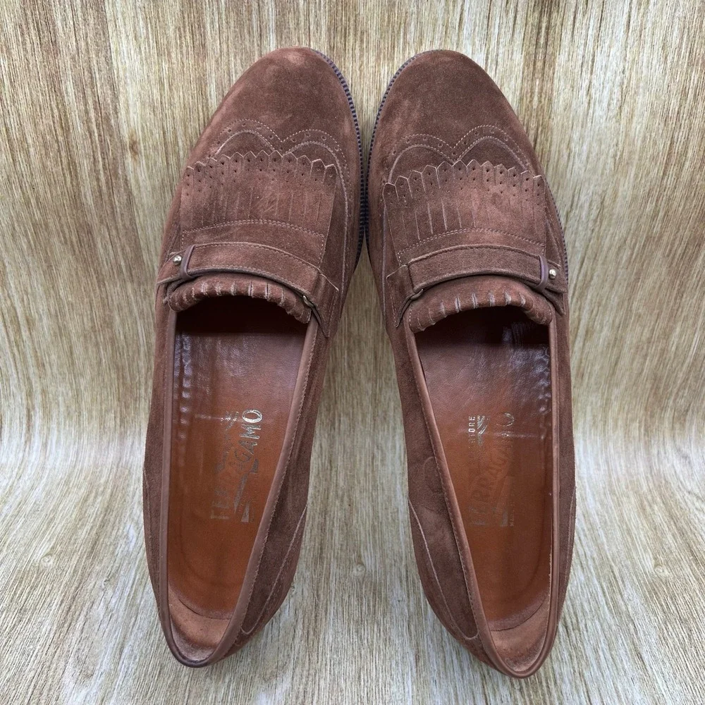 Salvatore Ferragamo Loafers Men's Size 11.5 D Brown Suede Kiltie Wingtip Casual